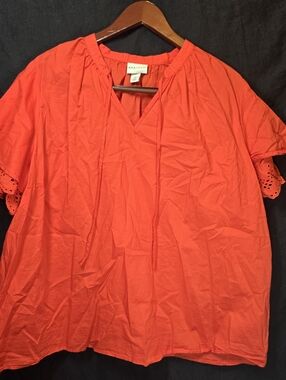 NWOT Ava & Viv Women's Plus Eyelet Flutter Sleeve Cotton Coral Blouse 2XL XXL